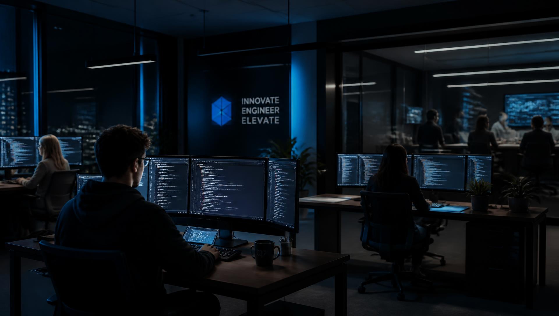 Software engineers working at multi-monitor workstations in a dark, blue-lit engineering office