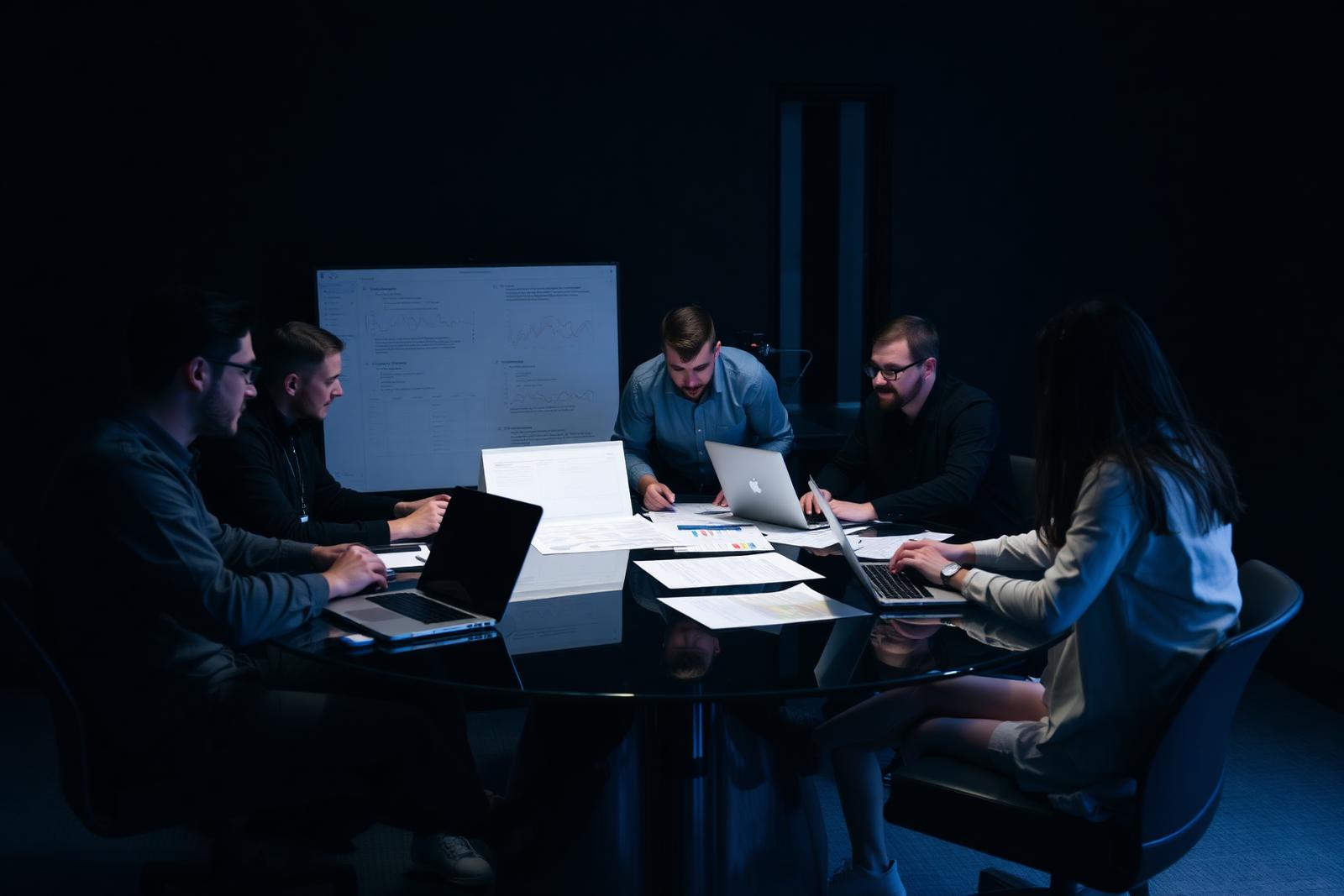 Engineering team reviewing architecture diagrams and laptops around a dark meeting table